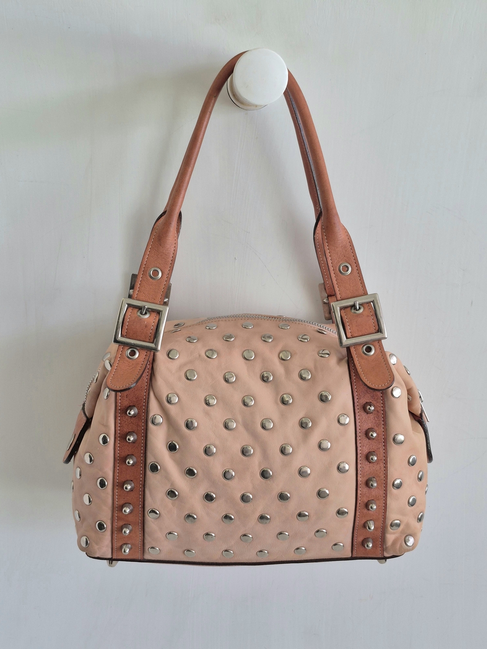 Be & D Garbo Peach & Tan Leather Medium Shoulder Bag With Silver Stud Accents